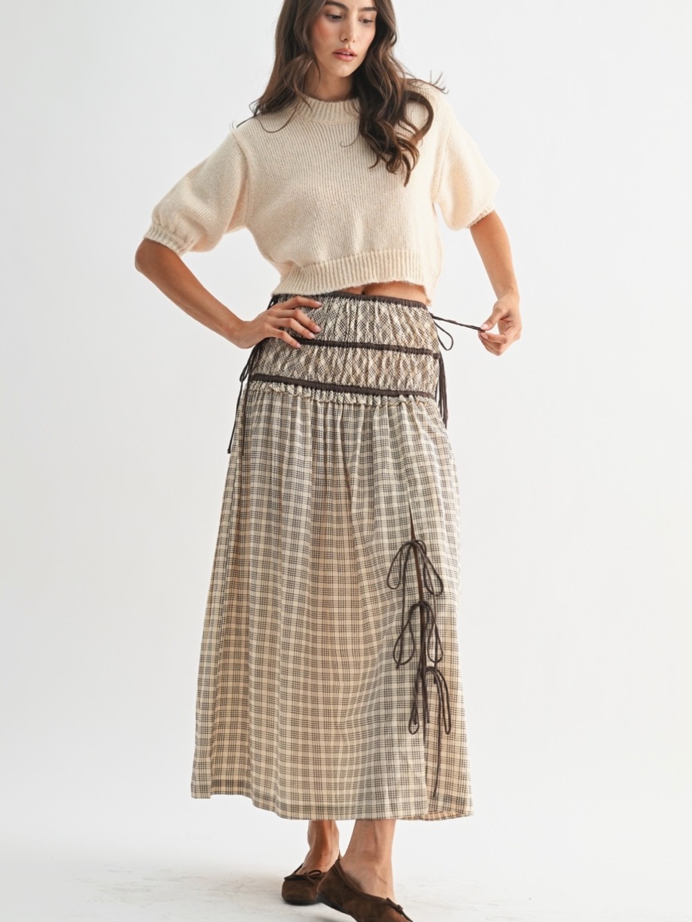 Plaid Drawstring Maxi Skirt in Cream and Brown